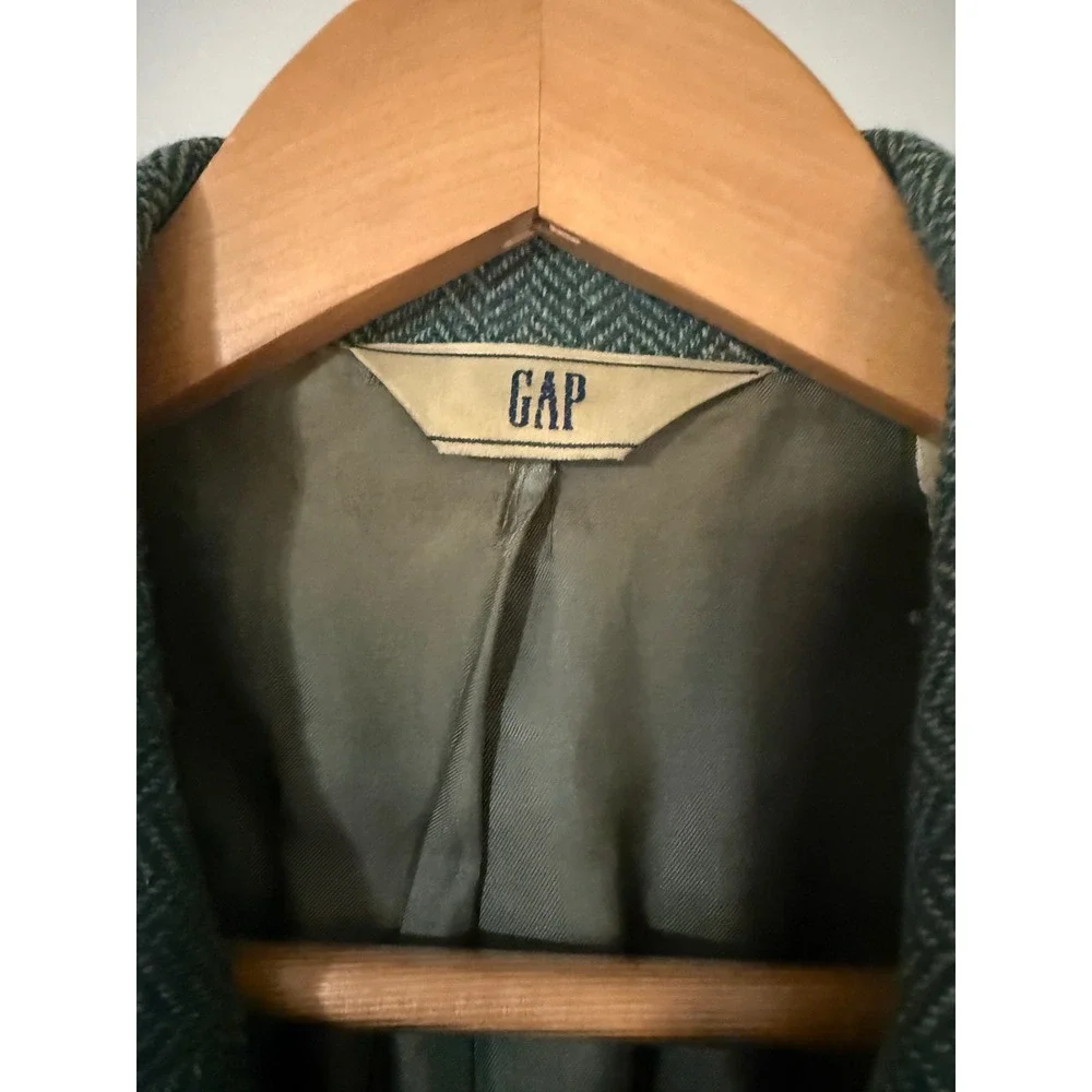 Vintage GAP Herringbone Blazer M Green Wool Blend Elbow Patches Academic preppy